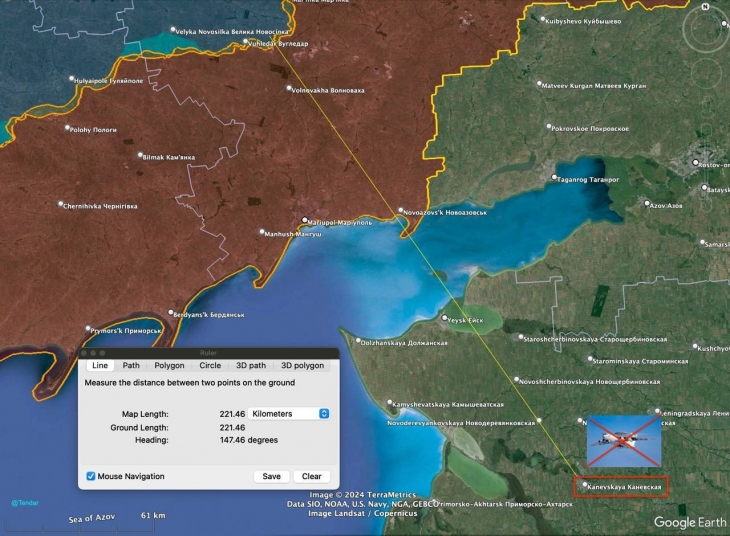 개전 2주년을 앞둔 23일(현지시간) 우크라이나군이 러시아군의 공중조기경보통제기 ‘베리예프 A-50’을 격추했다고 밝혔다. 미사일 공격(오른쪽)을 피하지 못한 A-50은 러시아 남부 크라스노다르 카네프스키 지구의 한 마을에 추락(왼쪽)했다. 반면 러시아 입장을 대변하는 군사블로거 ‘로마노프’는 미사일이 러시아 점령지인 마리우폴에서 발사됐다며, 러시아 방공망에 의한 오인 격추라고 반박했다. 2024.2.23 우크라이나 나우