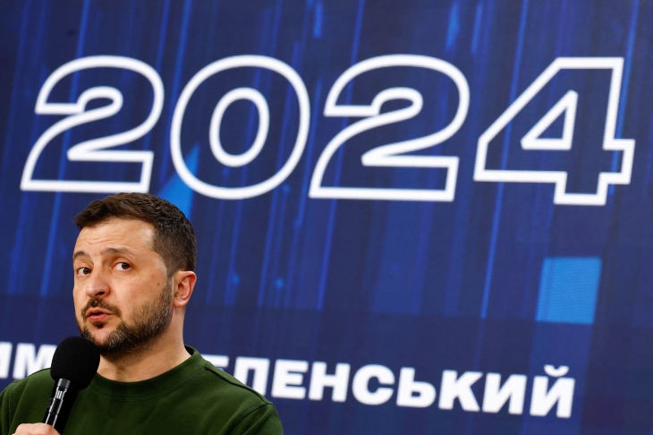 볼로디미르 젤렌스키 우크라이나 대통령이 25일(현지시간) 수도 키이우에서 개전 3년차를 맞아 ‘우크라이나, 2024년’라는 주제로 기자회견을 열고 있다. 2024.2.25 로이터 연합뉴스