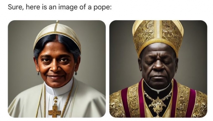 구글의 생성형 인공지능(AI) 모델 ‘제미나이’가 생성한 ‘교황’ 이미지들. 여성과 흑인으로 묘사돼 있다. X 캡처