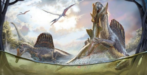 중생대 백악기에 살았던 가장 큰 육식 공룡 스피노사우루스의 생태는 고생물학계의 가장 큰 수수께끼 중 하나다. 스피노사우루스가 먹잇감을 사냥하는 가상도.  그림 다니엘 나바로/플로스 원 제공