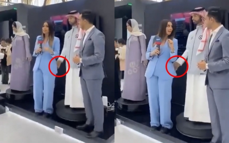 사우디아라비아 최초의 휴머노이드 남성 로봇이 여성 기자를 만지는 장면이 포착돼 논란이다. 엑스(X) 캡처