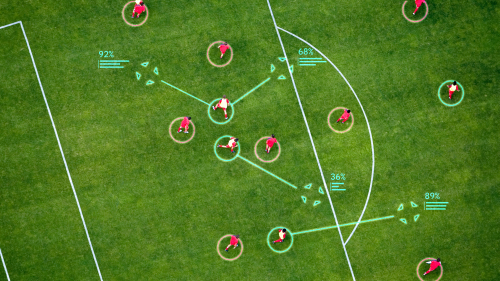 구글 딥마인드의 축구 전략 AI ‘택틱’이 축구 코너킥 상황에서 최적 상황을 계산해 제시한 시뮬레이션.  구글 딥마인드 제공