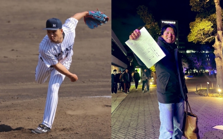 일본 프로야구 웨스턴 리그(2부 리그) ‘구후하야테 벤처스 시즈오카’ 소속 우완 투수인 다케우치 게이토(24)가 지난 15일 발표한 일본 의사 국가시험 합격자 명단에 이름을 올렸다. 사진은 다케우치가 경기에 임하는 모습(사진 왼쪽)과 의사 시험을 응시한 후의 모습. 다케우치 엑스(X) 캡처