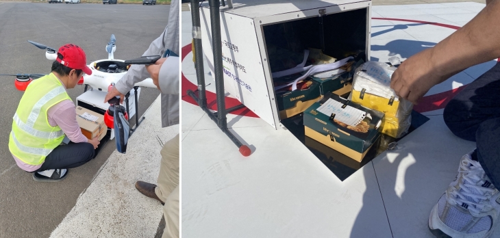 제주도와 국토교통부가 지난해 9~11월 가파도 드론배달서비스 시범운영 기간에 실제  생필품과 치킨(오른쪽)을 드론으로 배송하기 위해 물건을 싣고 있다. 제주도 제공