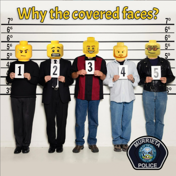 미국 캘리포니아 무리에타 경찰이 2024년부터 시행된 법에 따라 범죄 용의자의 얼굴을 레고로 가린 이유를 설명하며 올린 사진. 인스타그램 캡처