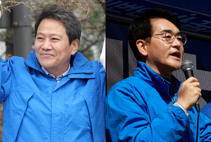 임종석(왼쪽) 전 대통령 비서실장과 박용진(오른쪽) 의원. 연합뉴스