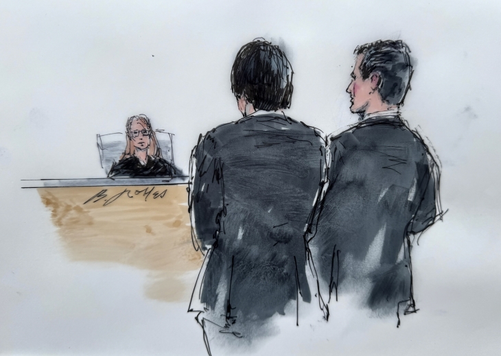12일(현지시간) LA 법원에서 미즈하라 잇페이가 심문을 받는 장면을 그린 스케치. AP 연합뉴스
