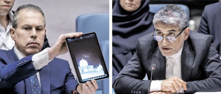 이란의 이스라엘 공습 다음날인 14일(현지시간) 미국 뉴욕 유엔본부에서 열린 안전보장이사회(안보리) 긴급회의에서 길라드 에르단 유엔 주재 이스라엘 대사가 태블릿 PC로 이란의 미사일 공격 화면을 보여 주고 있다(왼쪽 사진). 아미르 사에이드 이라바니 주유엔 이란대사도 안보리 이사국에 “국제법에 따른자위권 행사”라며 공습의 정당성을 주장하면서 양측이 팽팽하게 맞섰다(오른쪽 사진). 뉴욕 로이터 연합뉴스