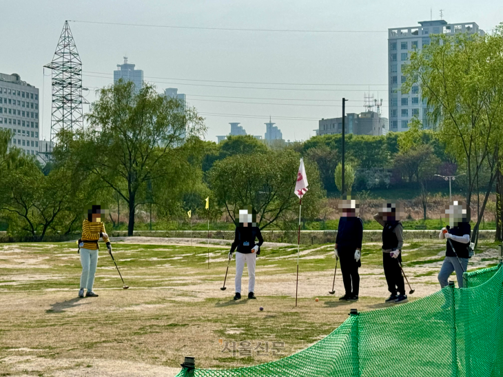 지난 14일 불법 파크골프장이 설치된 서울 안양천 인근에서 시민들이 파크골프를 치고 있다.