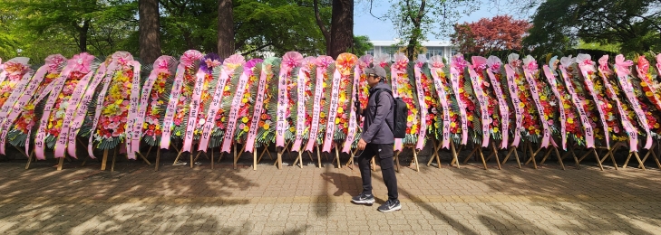 17일 오전 국회 헌정회관 앞에 국민의힘 한동훈 전 비상대책위원장을 응원하는 화환이 놓여있다. 2024.4.17 연합뉴스