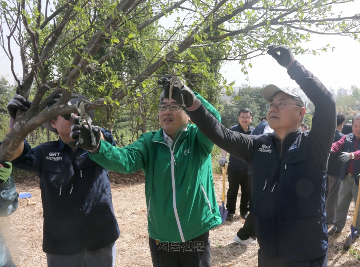 대한상공회의소(회장 최태원) 신기업가정신협의회(ERT) 주최로 18일 양천구 온수공원에서 열린 ‘ERT 도시숲 나무심기’행사에서 박일준 대한상의 상근부회장(오른쪽)과 임상섭 산림청 차장(가운데)이 산딸나무에 가지치기를 하고 있다. 2024.4.18 박지환기자