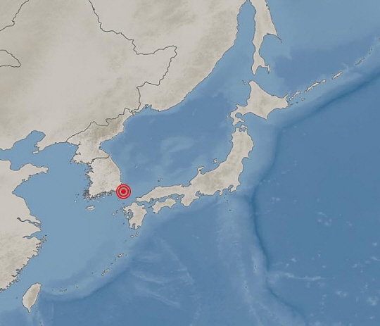일본 대마도 북북동쪽 인근 바다서 규모 3.9의 지진이 발생했다. 지도에 표시된 붉은 원이 진앙지. 기상청 제공