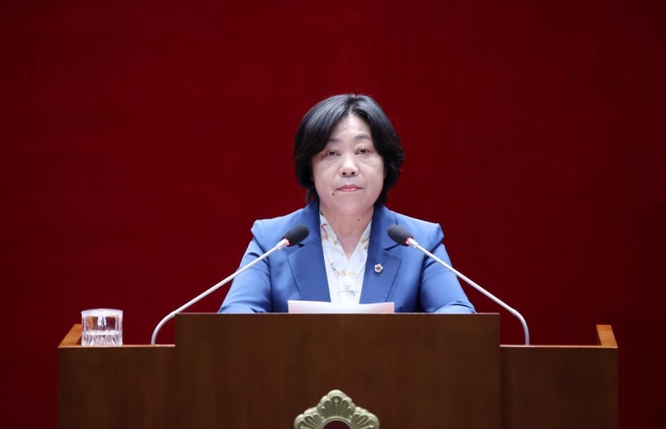 성남시의회 제292회 임시회 제2차 본회의에서 5분 자유발언하는 성해련 의원. 성남시의회 제공