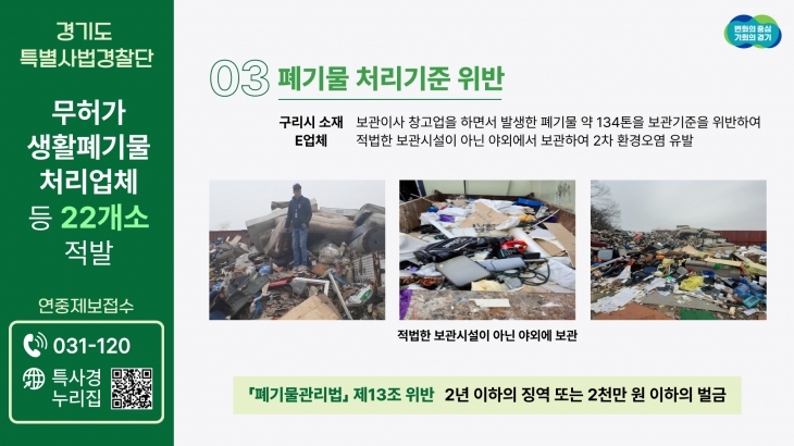 무허가 생활폐기물 처리업체 22곳 적발 브리핑 자료(경기도 특사경 제공)