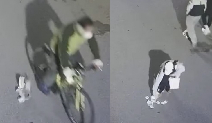 지난 2월 경남 하동군에서 한 남성이 자전거를 타고 가던 중 현금 뭉치를 흘리는 모습(왼쪽)과 길을 지나던 한 여고생이 이를 발견해 돈을 줍고 있는 모습. 이 여고생은 돈을 주워 인근 경찰서를 찾아 신고했다. 경찰청 유튜브 캡처