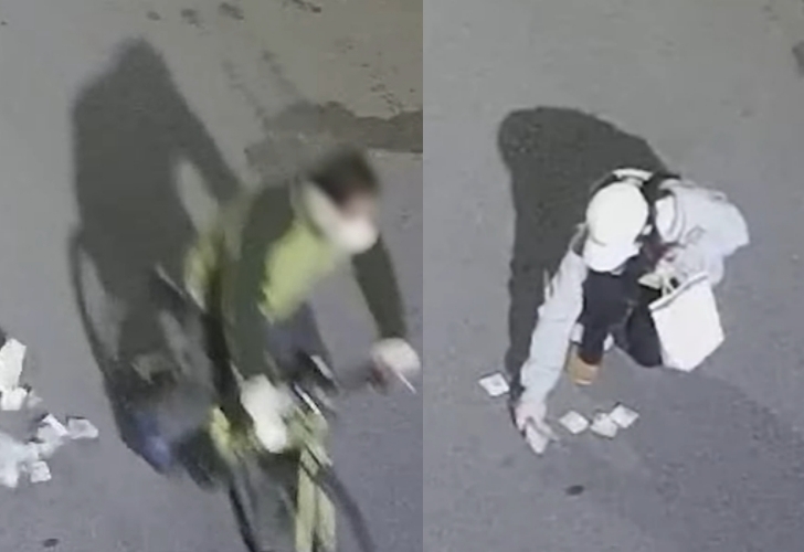 지난 2월 경남 하동군에서 한 남성이 자전거를 타고 가던 중 현금 뭉치를 흘리는 모습(왼쪽)과 길을 지나던 한 여고생이 이를 발견해 돈을 줍고 있는 모습. 이 여고생은 돈을 주워 인근 경찰서를 찾아 신고했다. 경찰청 유튜브 캡처