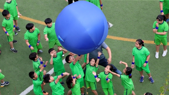 위 사연과 직접 관련 없는 자료사진. 가을운동회에서 저학년들이 학부모들과 함께 큰 공 옮기기를 하며 즐거운 시간을 보내고 있다. 2018.9.19 함양군 제공