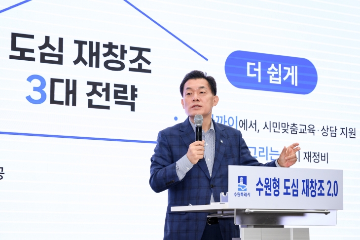 이재준 수원시장이 ‘수원형 도심 재창조 2.0 프로젝트’를 발표하고 있다. 수원시 제공