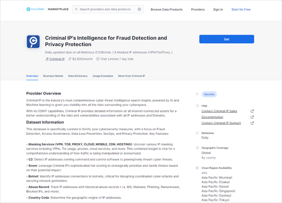 스노우플레이크 마켓플레이스에 판매 등록된 ‘크리미널 IP’ CTI 데이터