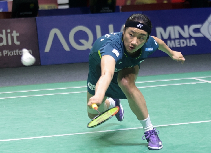 안세영이 5일 인도네시아오픈 여자단식 32강전에서 일본의 미야자키 토모카와 경기를 치르고 있다. EPA 연합뉴스