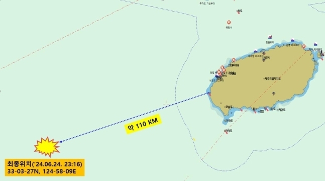 제주도 서쪽 해상에서 어선의 신호가 끊긴 위치. 제주해양경찰청 제공