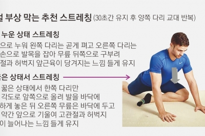 무릎을 가슴으로 쭉~ 힙플렉서 잘 풀어 고관절 지키세요