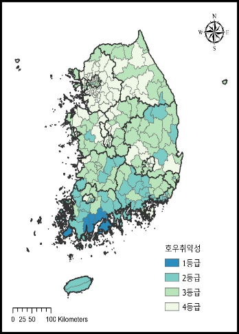 시군구별 호우 재해취약성 등급 &lt;자료: 통계개발원&gt;