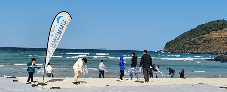 지난해 11월 함덕해수욕장에서 진행된 제주남방큰돌고래 친구와 함께하는 플로깅 행사에서 도민과 관광객들이 해변에서 쓰레기를 줍고 있다. 제주 강동삼 기자