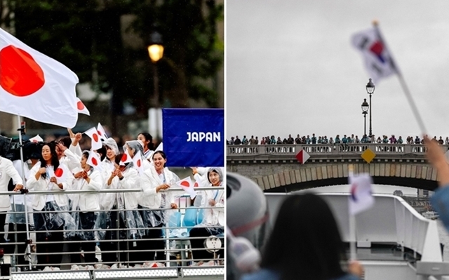 개회식에서 한국을 북한으로 소개하는 결례를 범한 2024 파리 올림픽 조직위원회가 이번엔 선수단 사진으로 한국 국민의 악감정을 자극했다. 조직위는 개회식 다음 날인 27일 공식 소셜미디어(SNS)에 센강을 따라 배를 타고 수상 행진한 각국 선수단 사진을 게재했다. 조직위는 총 206개국 가운데 31개국 선수단 사진을 공개하면서 유일하게 한국 선수단 사진만 ‘B컷’ 수준의 질 낮은 사진을 선정했다. 위 사진은 조직위가 공개한 일본(왼쪽)과 한국 선수단 사진. 2024.7.27 조직위 인스타그램