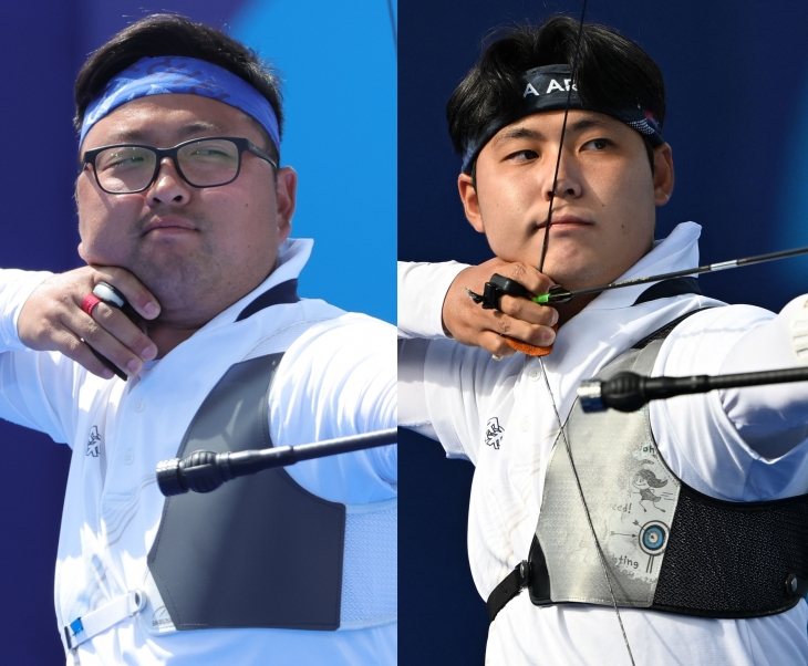 한국 남자 양궁 대표팀 김우진(왼쪽·청주시청)과 이우석(코오롱). EPA 연합뉴스