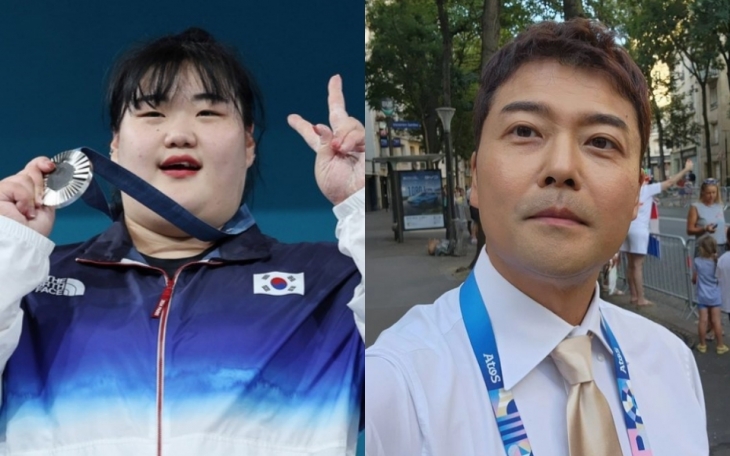 2024 파리 올림픽 역도 여자 81㎏ 이상급에서 은메달을 목에 건 박혜정(왼쪽)과 전현무의 모습. 서울신문·전현무 인스타그램 캡처