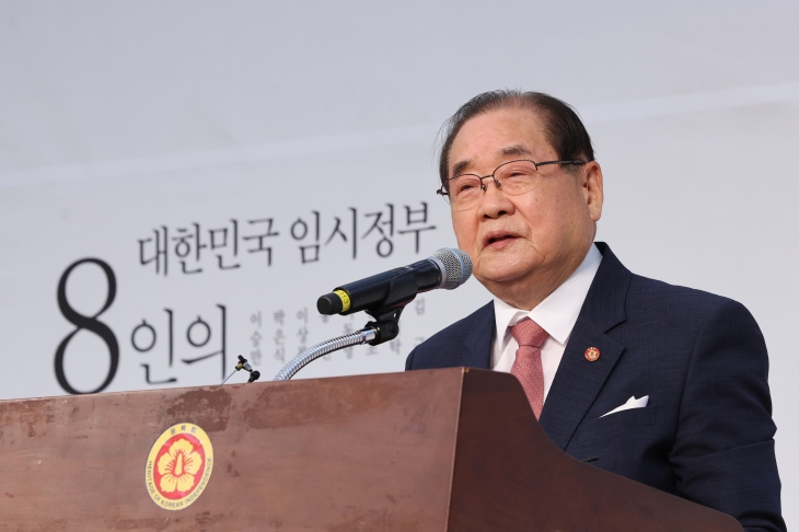 15일 오전 서울 용산구 효창공원 내 백범김구기념관에서 열린 광복회 주최 광복절 기념식에서 이종찬 광복회장이 기념사하고 있다. 2024.8.15 연합뉴스