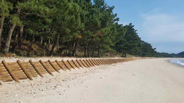 산림청이 충남 보령 삽시도에서 사구 고정을 위해 적용한 소파공법. 원주목과 목재결합용 연결재 등을 활용해 파도를 분사 또는 소실시켜 침식발생을 최소화해 사구를 복원시키는 자연친화적 공법이다. 산림청