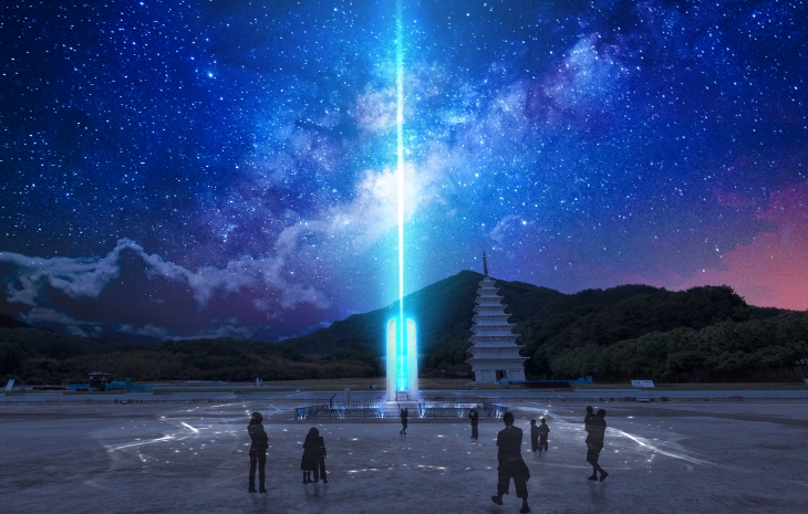 전북 익산시가 9월에 차별화된 축제가 펼쳐지는 관광도시로 탈바꿈한다. 6일부터 10월 6일까지 한 달 동안 백제 최대의 사찰 미륵사지 일대에서 화려하게 펼쳐지는 ‘미륵사지 국가유산 미디어아트’가 대표 축제다. 미륵사지 입구에서 축제의 서막을 알리는 당간지주 사이로 뻗어나가는 강렬한 레이저 빛 예상도. 익산시 제공