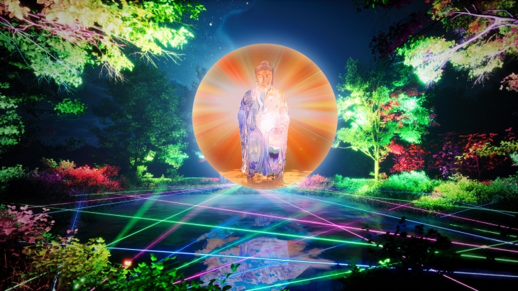 전북 익산시가 9월에 차별화된 축제가 펼쳐지는 관광도시로 탈바꿈한다. 6일부터 10월 6일까지 한 달 동안 백제 최대의 사찰 미륵사지 일대에서 화려하게 펼쳐지는 ‘미륵사지 국가유산 미디어아트’가 대표 축제다. 국내 최고의 기술력이 동원돼 레이저 빛으로 만들어 낸 용화의 세계 예상도. 익산시 제공