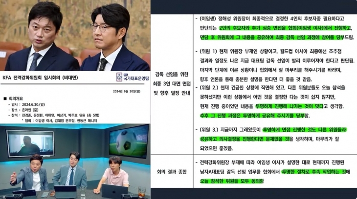 박문성 해설위원이 공개한 대한축구협회 전력강화위원회 제11차 회의록. 자료 : 유튜브 ‘달수네 라이브’