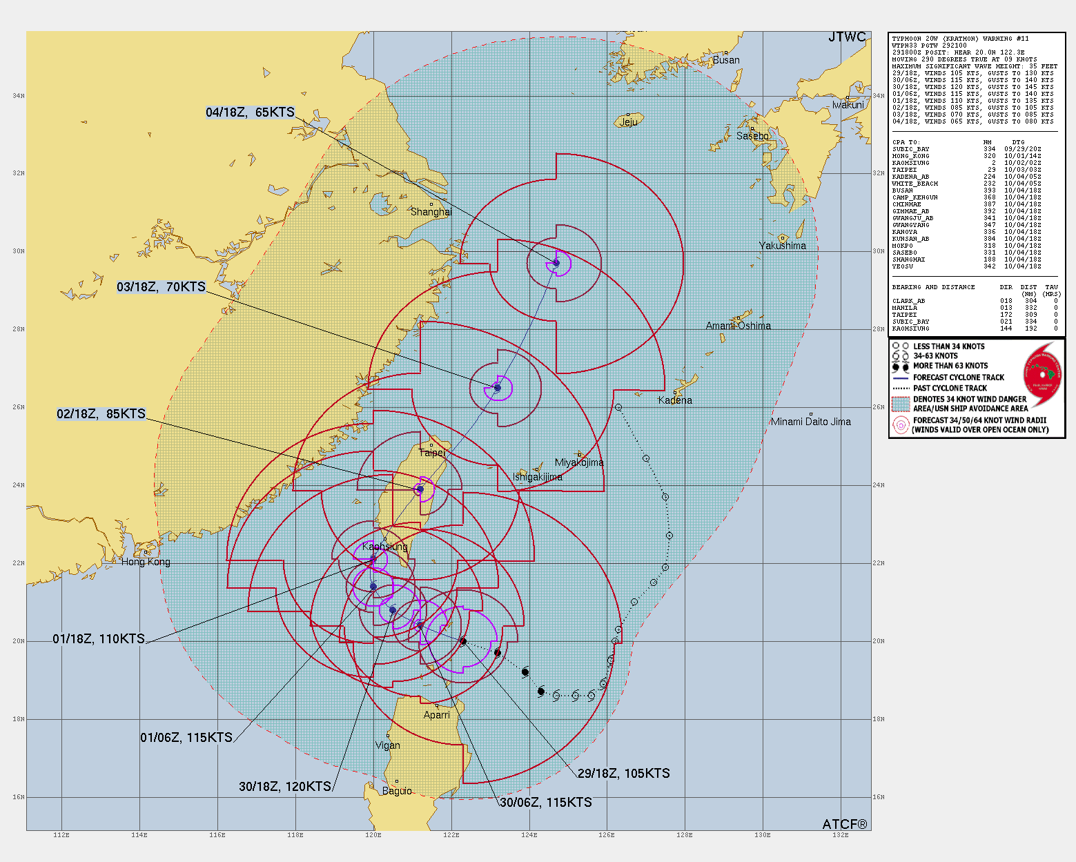 제18호 태풍 끄라톤 예상이동경로. 미국 합동태풍경보센터 캡처