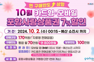 경북 포항시, 포항사랑상품권 연간 한도액 200만원 상향