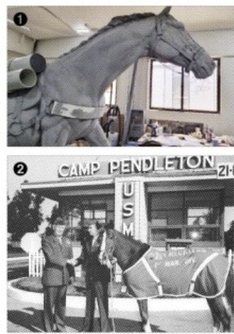  제주에서 태어나 한국전쟁 때 미 해병대에 입대해 영웅이 된 군마 ‘레클리스’ 동상 제작 모습.  정전 뒤 미국으로 건너가 캘리포니아 미 해병대 베이스캠프인 펜들턴 해병기지에서 지내게 된 레클리스. 한국마사회 제주지역본부 제공