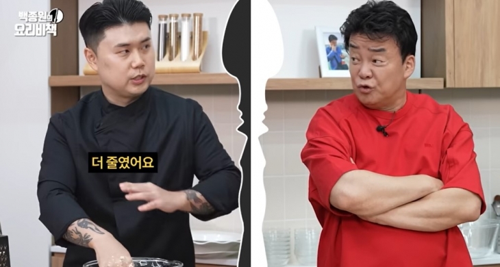 넷플릭스 요리 서바이벌 예능 프로그램 ‘흑백요리사: 요리 계급 전쟁’에서 우승한 ‘나폴리 맛피아’ 권성준(왼쪽) 셰프와 백종원 더본코리아 대표. 유튜브 채널 ‘백종원’ 캡처