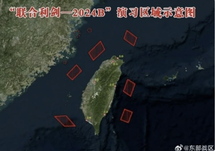 중국인민해방군 동부전구의 대만 포위 훈련인 ‘연합 리젠(利劍·날카로운 칼)-2024B 연습’ 개요도.  자료 : 중국인민해방군 동부전구 공식 웨이보