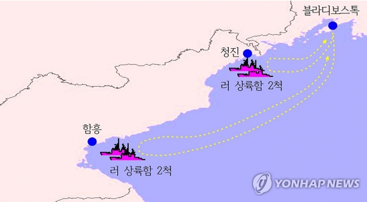 국가정보원은 북한이 지난 8일부터 러시아 파병을 위한 특수부대 병력 이동을 시작했다고 밝히며 위성 사진 등 관련 자료를 18일 공개했다. 국정원은 “북한군의 동향을 밀착 감시하던 중 지난 8일부터 13일까지 러시아 해군 수송함을 통해 북한 특수부대를 러시아 지역으로 수송하는 것을 포착, 북한군의 참전 개시를 확인했다”고 설명했다. 그래픽은 동해상 러시아 상륙함의 북한 병력 수송활동 요도. 2024.10.18 국가정보원 제공