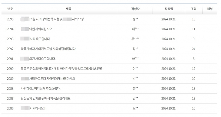 21일 경기 성남시의회 홈페이지 자유게시판에 A시의원의 사퇴를 촉구하는 글이 1000건 넘게 올라왔다. 자료 : 성남시의회 홈페이지