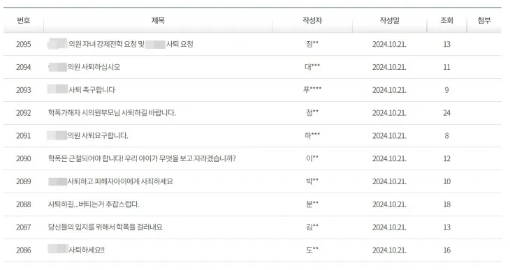 21일 경기 성남시의회 홈페이지 자유게시판에 A시의원의 사퇴를 촉구하는 글이 1000건 넘게 올라왔다. 자료 : 성남시의회 홈페이지