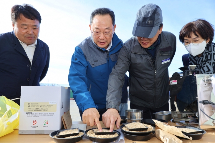 명현관 해남군수가 7일 황산면 2024년산 공공비축미 포대벼 매입 현장을 찾아 벼 상태를 살펴보고 있다. 해남군 제공