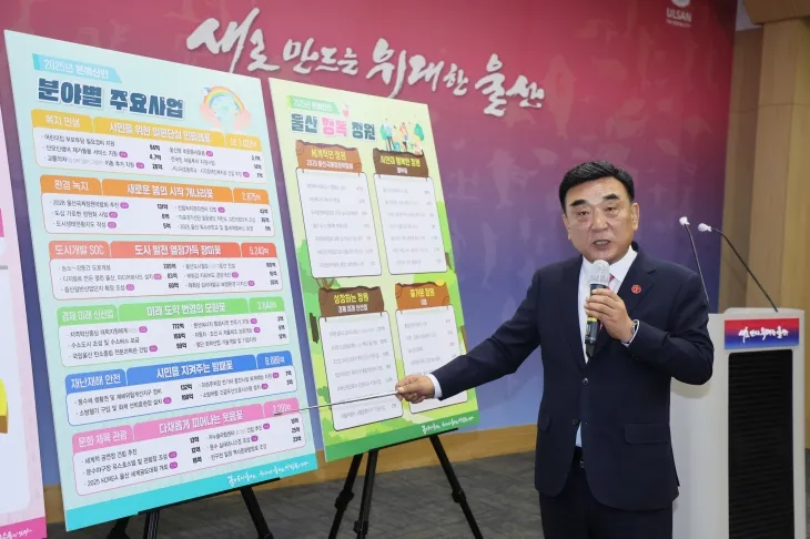 김두겸 울산시장이 11일 시청 프레스센터에서 2025년 본예산안 편성 내용을 설명하고 있다. 울산시 제공