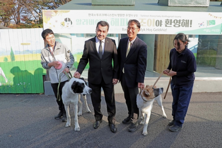 베겐치 두르디예프(왼쪽 두번째) 투르크메니스탄 대사와 최홍연(왼쪽 세번째) 서울대공원장이 서울대공원에서 투르크메니스탄 국견 알라바이 ‘해피’와 ‘조이’를 환영하고 있다. 대통령실 제공