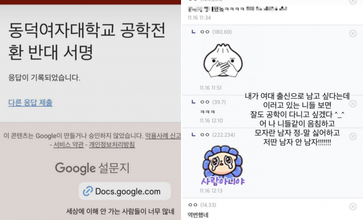 배우 김수정이 지난 15일 인스타그램 스토리에 올린 ‘동덕여대 공학 전환 반대 서명’ 참여 인증 게시물(왼쪽)과 이에 대해 온라인 커뮤니티에 올라온 악성 댓글을 캡처해 비판한 게시물(사진 일부 모자이크 처리함). 김수정 인스타그램 캡처