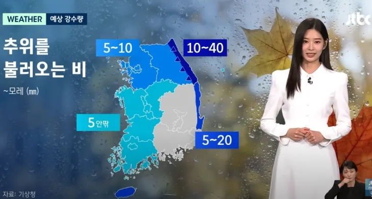 아이돌 그룹 아이즈원 출신 배우 김민주가 일일 기상캐스터로 깜짝 등장해 눈길을 끌었다. JTBC 뉴스 유튜브 채널 캡처