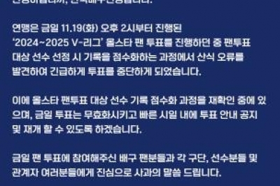 배구 올스타 팬투표 ‘긴급 중단’…“기록 점수화 오류 발생”